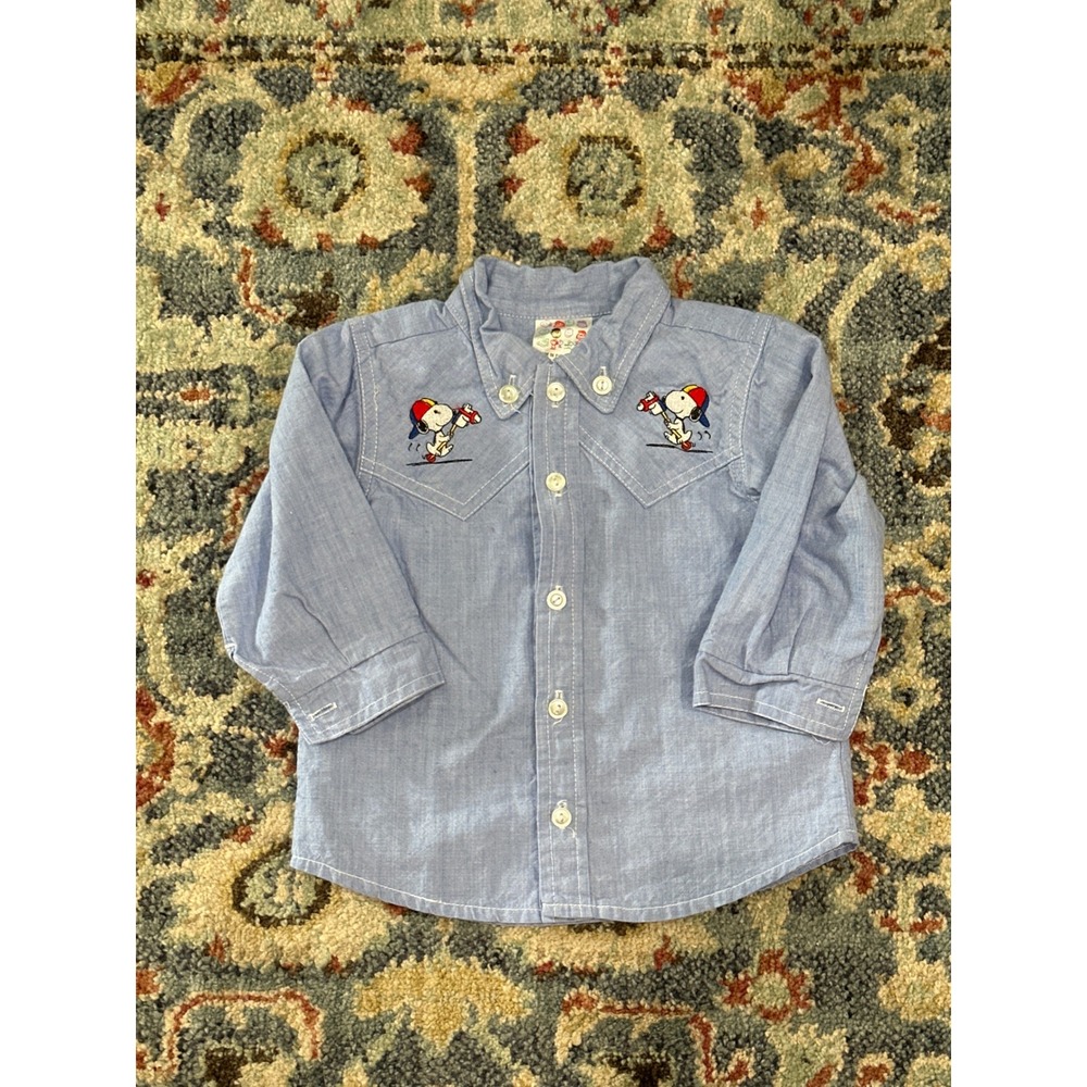 Peanuts Snoopy Western Shirt Boys 12m Blue Embroidered Long Sleeve EUC
